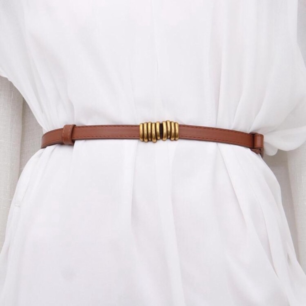 Brown Belt with Gold  Bar Vegan Leather Detailing